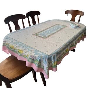 Vintage Easter Bunny Spring Flowers 60x82" Tablecloth 12 Napkins Pink Blue Green
